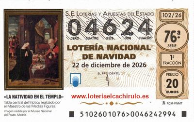 Anverso del d&eacute;cimo 04624 de la Loter&iacute;a de Navidad 2026, de Astorga (Le&oacute;n)